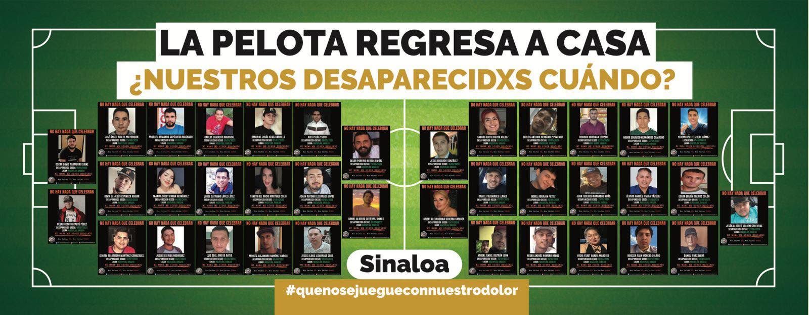 Familias de personas desaparecidas colocaron una lona con rostros de búsqueda en la Ciudad de México