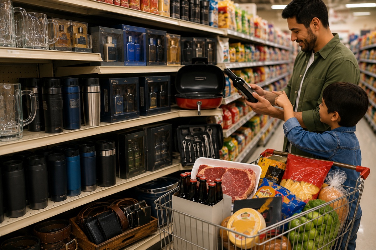 Papá e hijo en las compras en supermercado para el Día del Padre