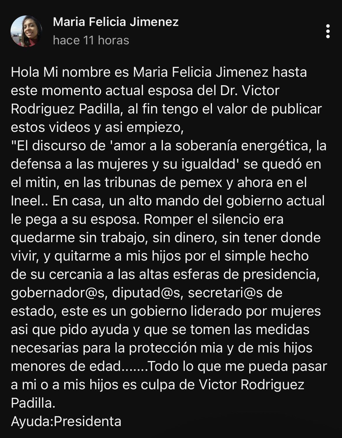 Publicación de María Felicia en redes sociales