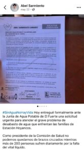 Oficio de Estación Hoyancos por falta de agua potable