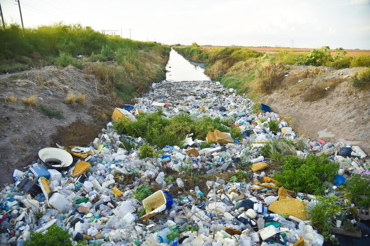 Tapón de basura en dren Mochicahui, en Los Mochis