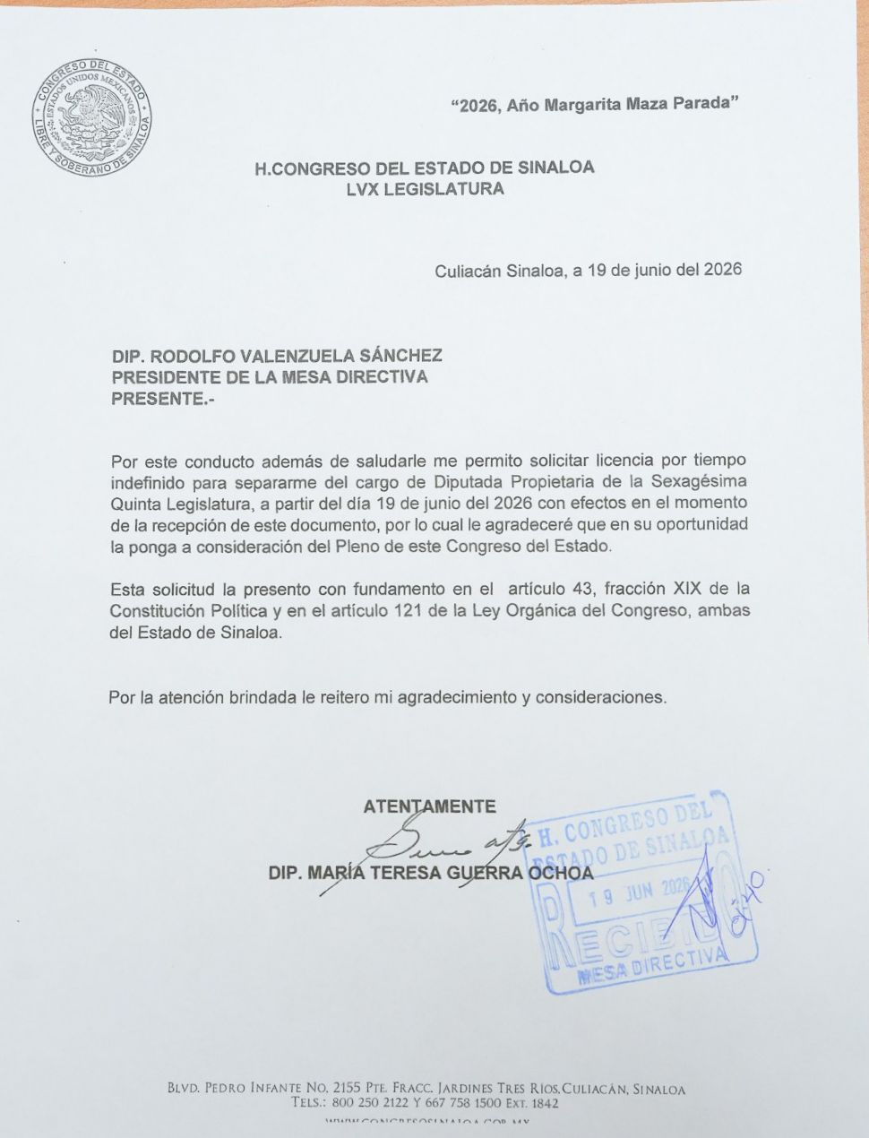 Tere Guerra solicita licencia a diputación local