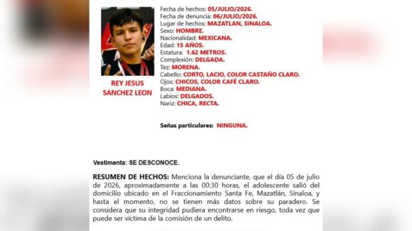 Activan Alerta Amber en Sinaloa para localizar al adolescente Rey Jesús, desaparecido en Mazatlán, Sinaloa