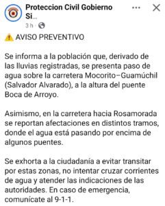 Aviso por arroyos en Mocorito