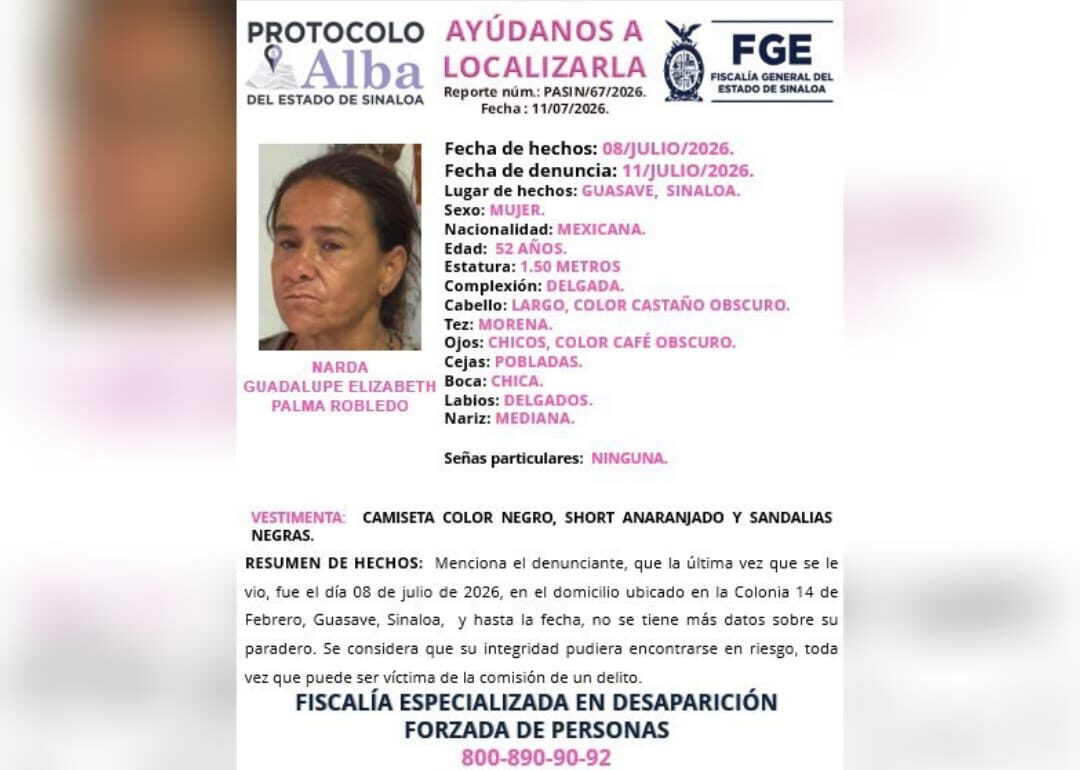 Protocolo Alba por mujer desaparecida en Guasave