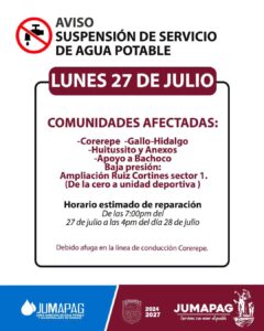 Comunicado de suspensión del agua potable en comunidades de Guasave