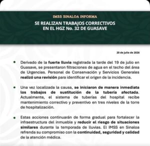 Comunicado del IMSS por filtracion de agua en UMF en Guasave