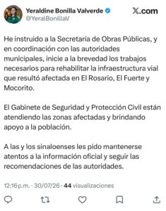 Comunicado en X de Yeraldine Bonilla