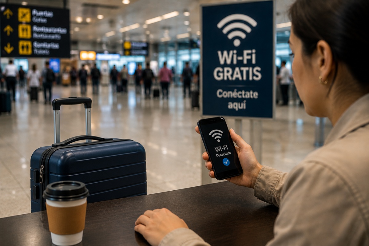 Persona conectándose al WiFi en un aeropuerto