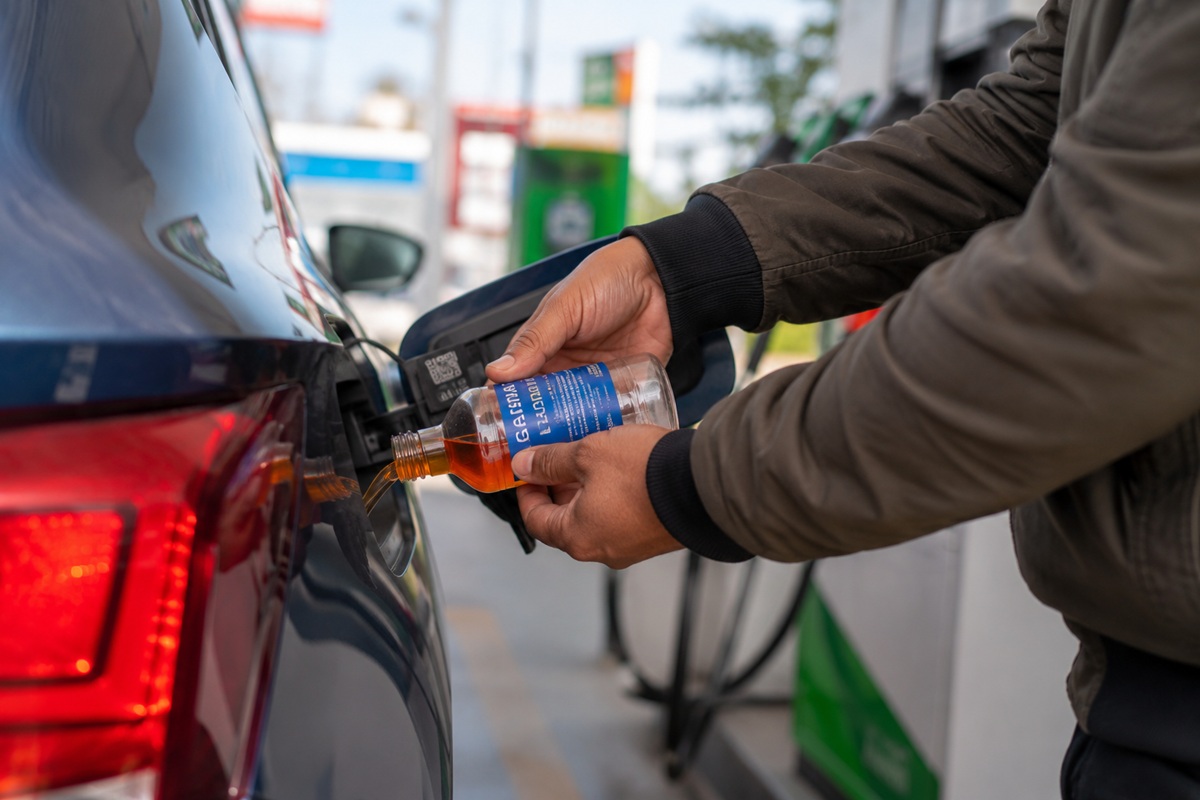 Despachador de gasolina colocando aditivo