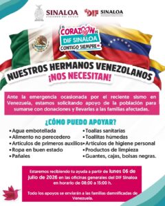 DIF Sinaloa abre centro de acopio para recibir donativos para Venezuela