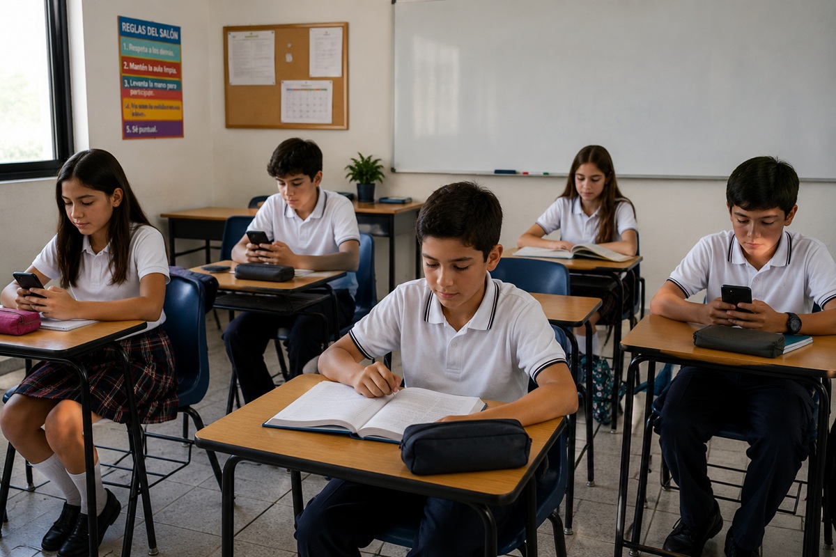 Estudiantes en salón de clases, usando celular
