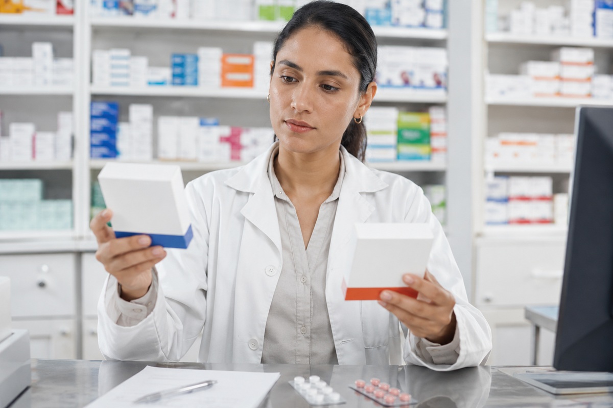 Farmacéutica comparando medicamentos genéricos y de marca