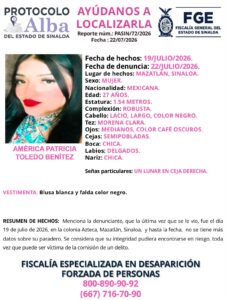 Ficha de búsqueda para localizar a América Patricia en Mazatlán