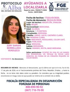 Ficha de búsqueda de Zury Sarahi Berrelleza, desaparecida en Mazatlán