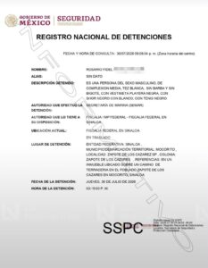 Ficha de detención de Rosario Fidel, alias El Yukito