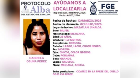 Emiten Protocolo Alba para localizar a Gabriela Osuna Pérez, desaparecida en Mazatlán, Sinaloa