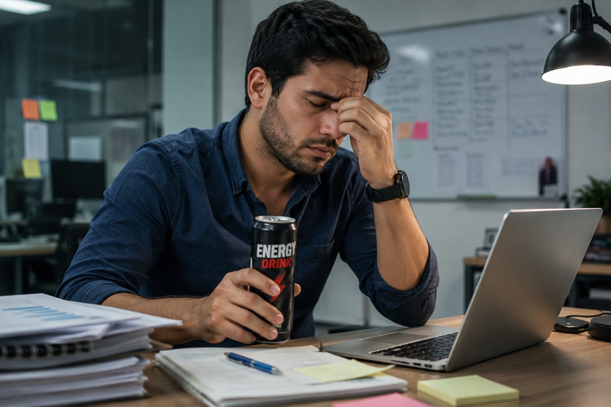 Joven trabajador cansado con una bebida energizante