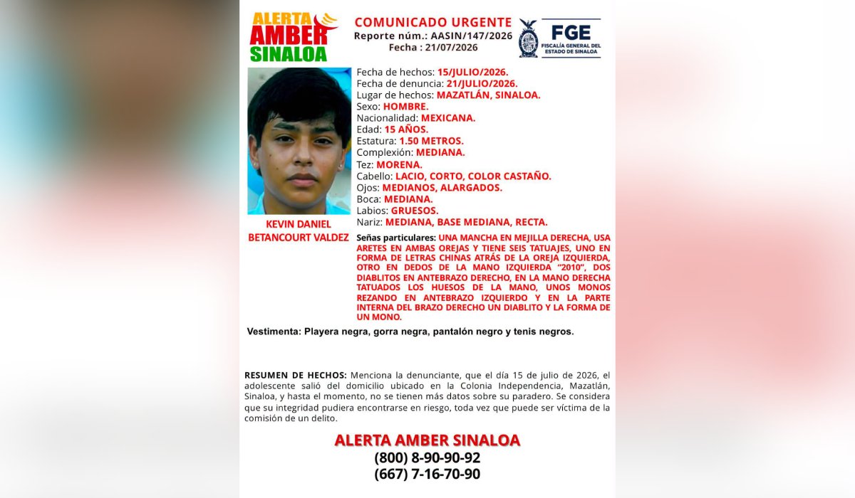 Kevin Daniel Betancourt, desaparecido en Mazatlán