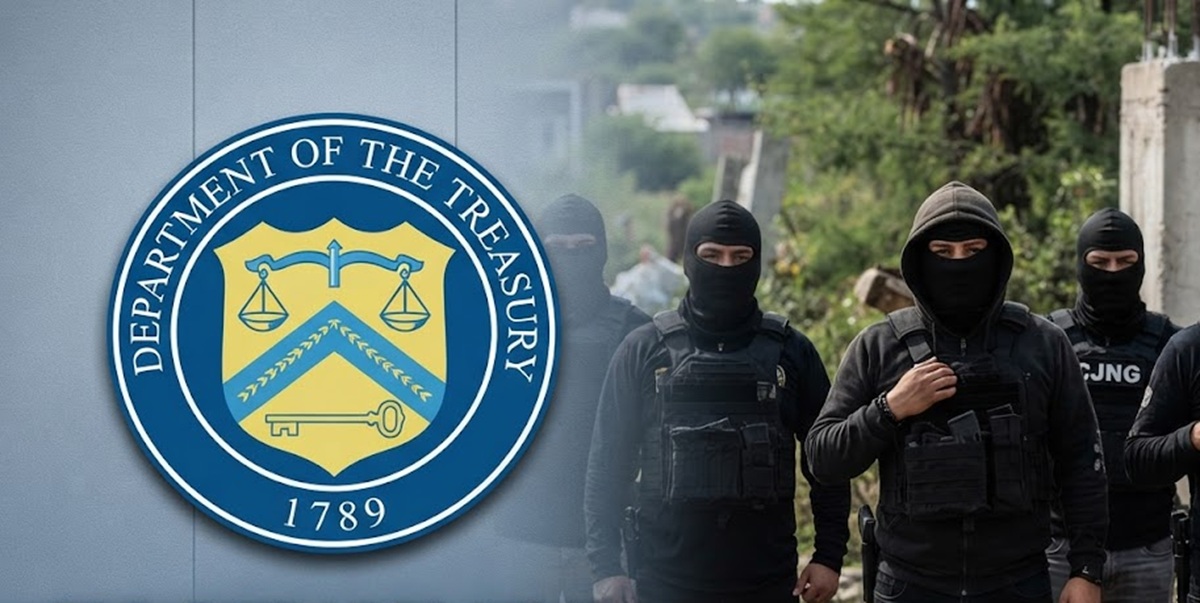Logotipo del Departamento del Tesoro y miembros del CJNG