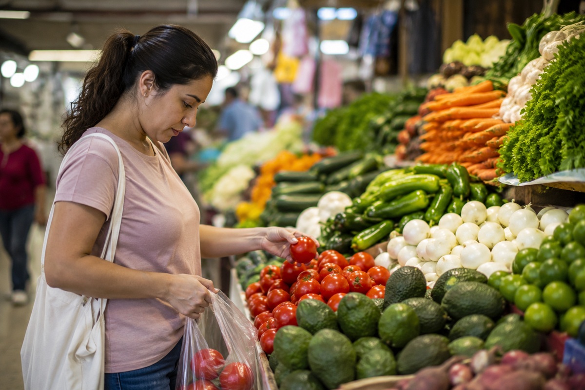 Mujer comprando tomate en el mercado