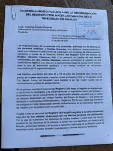 Posicionamiento contra Registro Civil de Sinaloa tras discriminación a familia lesbomaternal