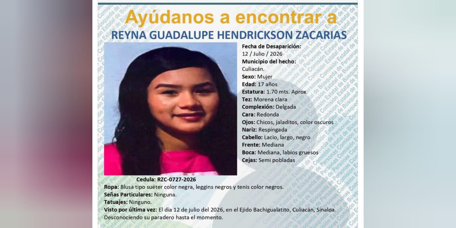 Activan ficha de búsqueda por Reyna