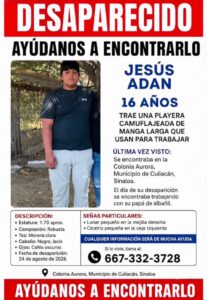 Buscan al menor Jesús Adán, desapareció mientras trabajaba en la colonia Aurora de Culiacán 