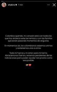 Mensaje de Shakira a Colomba tras sismo