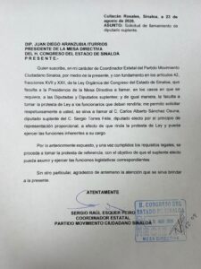 Petición de MC para tomar protesta a suplente de Sergio Torres