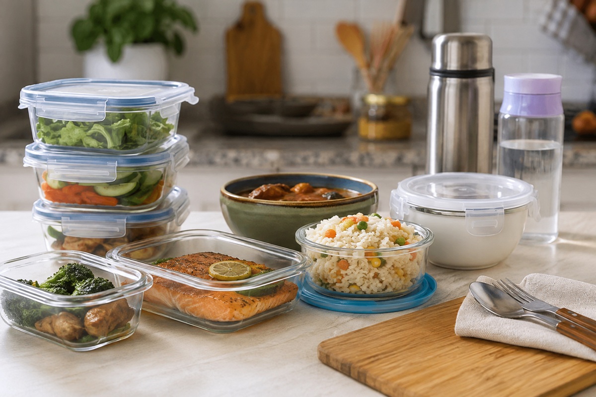 Alimentos guardados en contenedores de cocina
