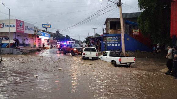 Rescatan camioneta arrastrada por la corriente en La Lima, Culiacán; lluvia deja árbol caído y una palmera quemada por rayo