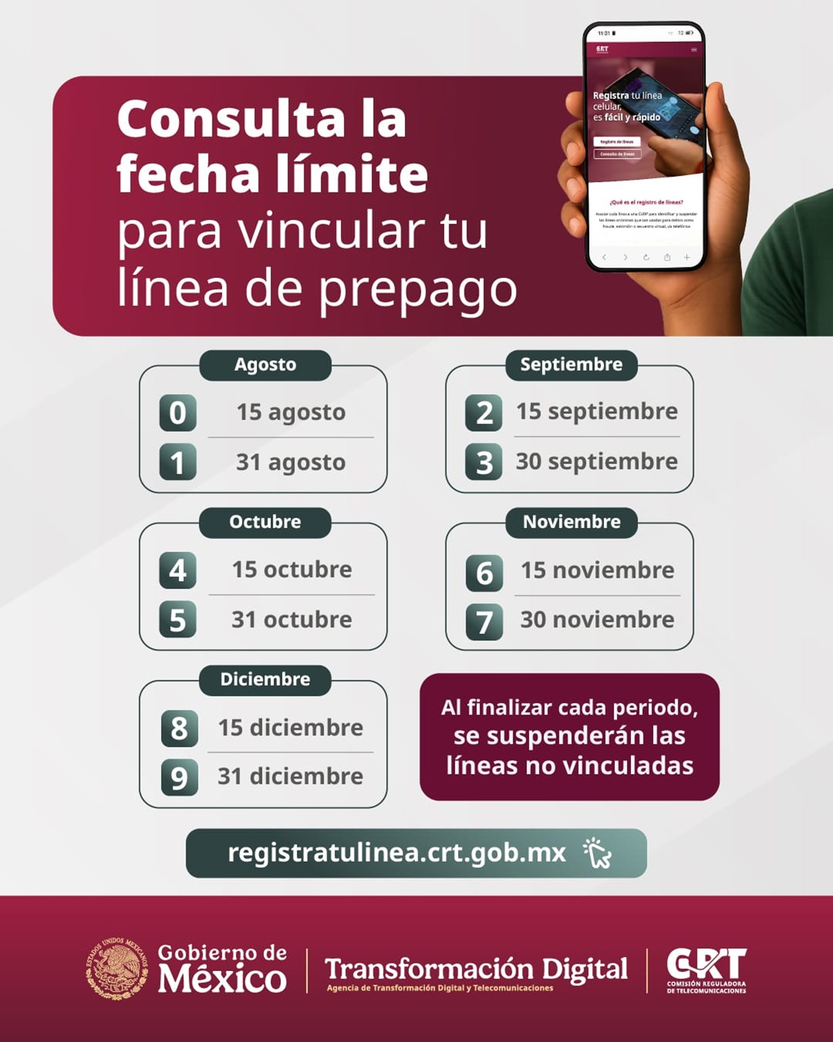 Calendario de registro de líneas prepago de celular