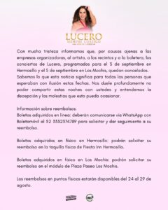 Cancelan los conciertos de Lucero en Los Mochis y Hermosillo
