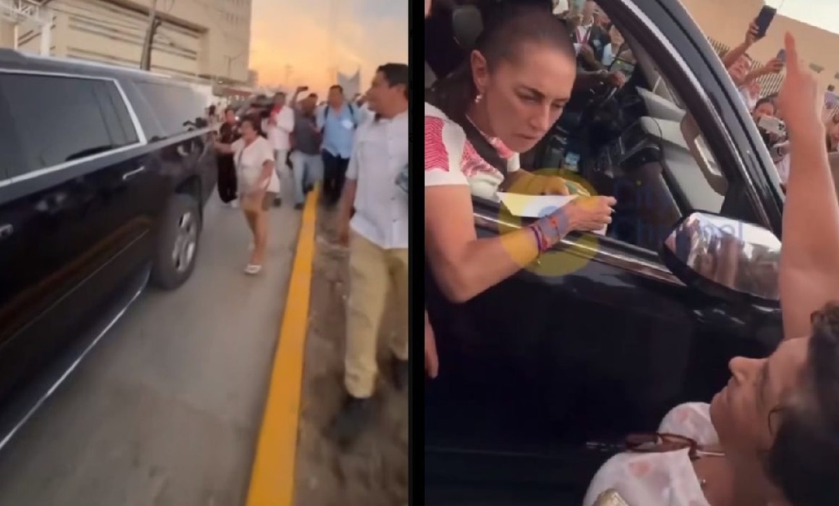 Claudia Sheinbaum atendiendo a señora enojada en Tamaulipas