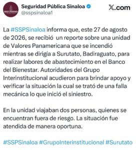 Comunicado de la SSPE sobre incendio de camioneta de valores en Surutato