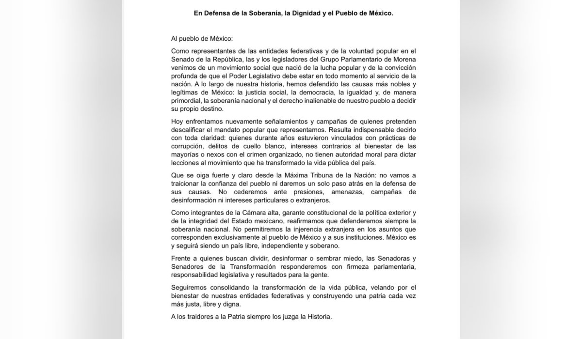Comunicado del Grupo Parlamentario de Morena en la Cámara Alta