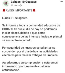 Comunicado escolar en Guasave