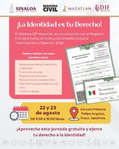 Registro Civil llevará trámites gratuitos a Mazatlán