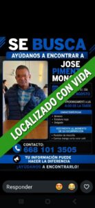 José Pimentel Mondaca localizado con vida
