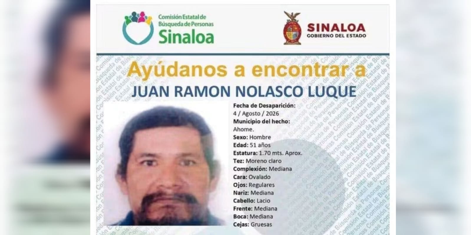 Buscan a Juan Ramón en Ahome