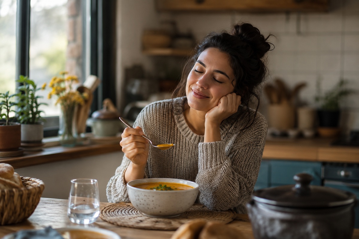 Memoria gustativa. Joven mujer recordando al comer