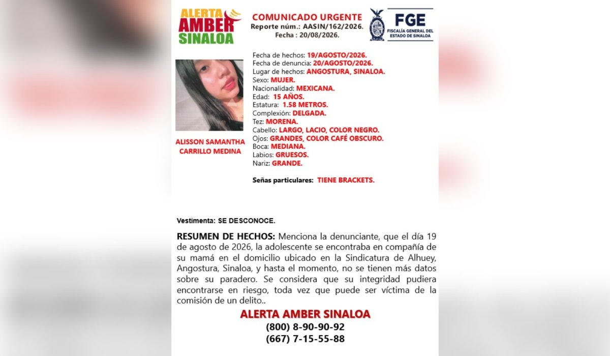 Menor de Guamúchil desaparecida rumbo a Mazatlán