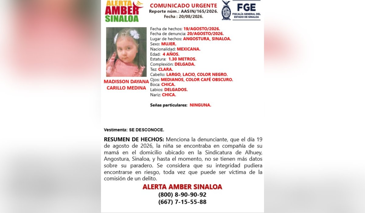 Menor de Guamúchil desaparecida rumbo a Mazatlán