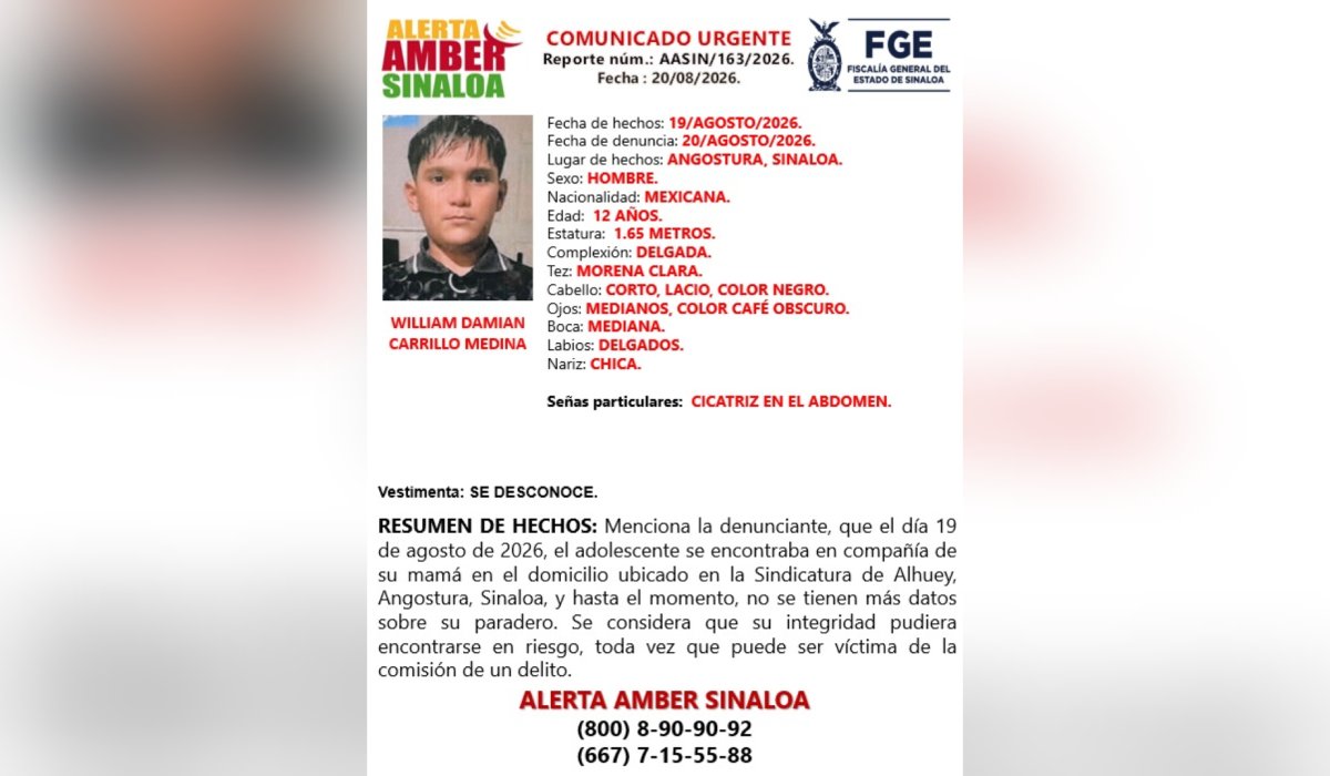 Menor de Guamúchil desaparecido rumbo a Mazatlán