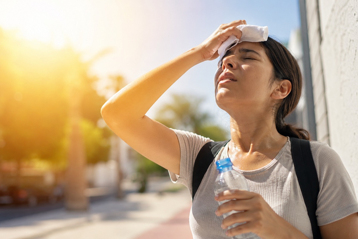 Mujer con calor en el rayo del sol