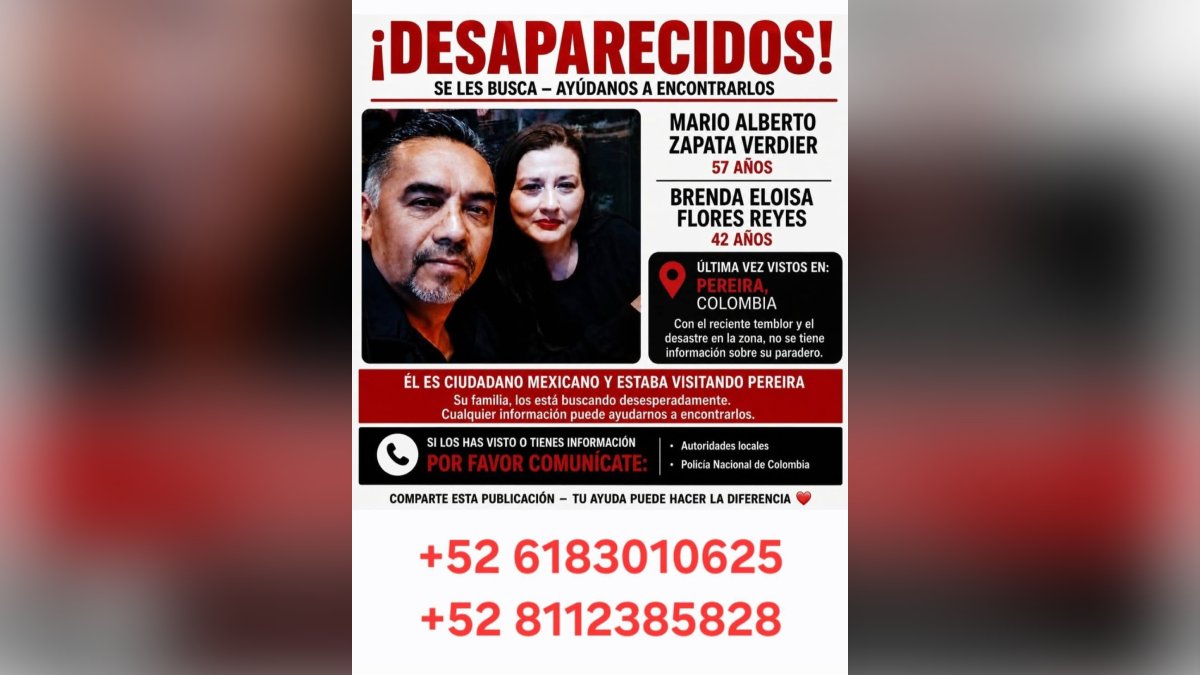 Pareja mexicana desaparece en Pereira tras sismo en Colombia