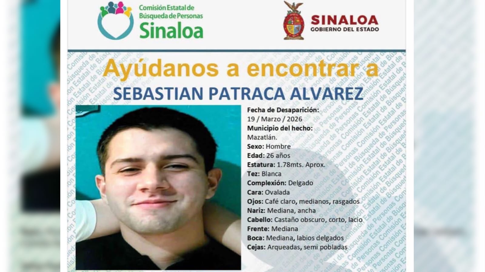 Buscan a Sebastián Patraca Álvarez, joven de 26 años desaparecido en Mazatlán