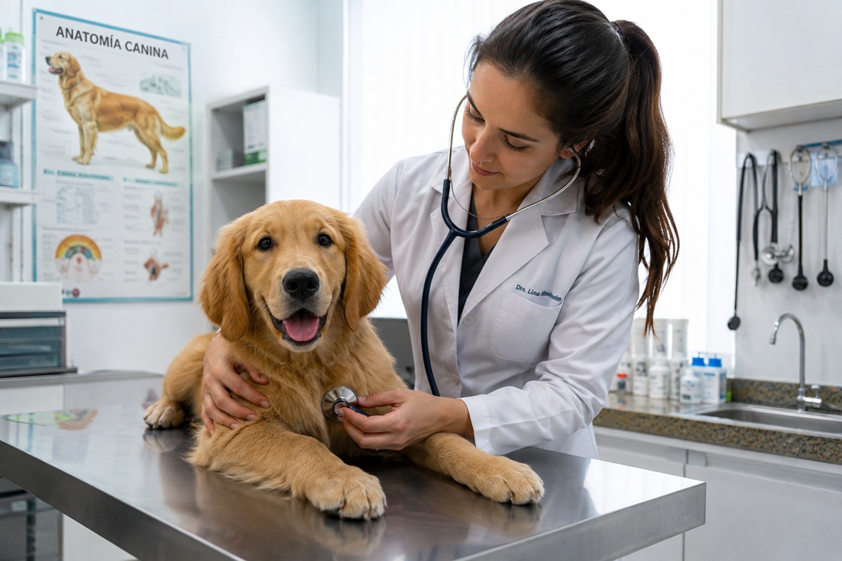 Veterinaria atendiendo a perro