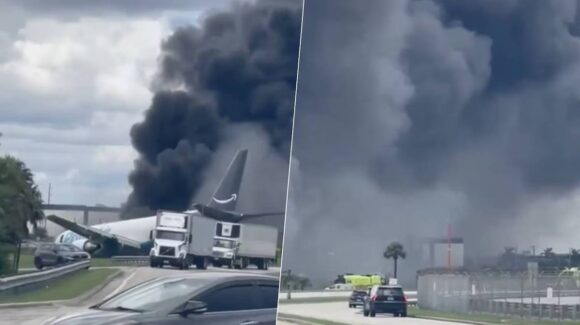 Avión de Amazon se incendia tras salirse de pista en Miami; FAA investiga